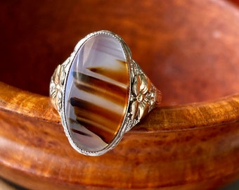 Vintage Agate 10K Gold Filled and Sterling Silver Flower Ring - Read Description