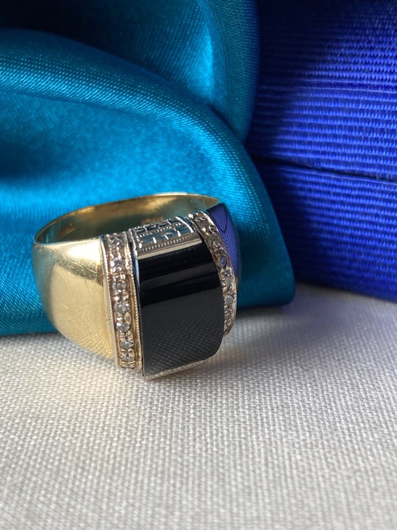 Fabulous Vintage Art Deco Onyx Diamond 14K Yellow… - image 4