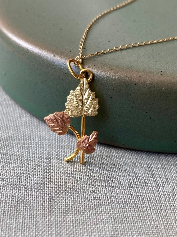 Vintage Solid 10K Gold Pendant Charm Necklace - Yellow, Rose and Green Tri Gold Leaves