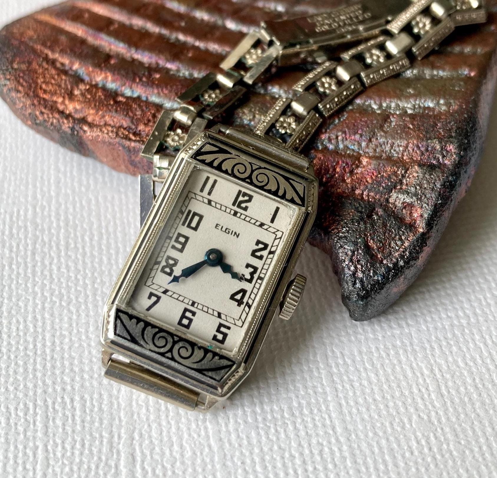 Antique Art Deco 10K White Gold and Gold Filled Enamel Elgin