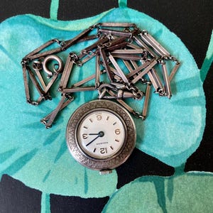Antique Huguenin Silver Watch Pendant Necklace: Swiss 800  display picture 3