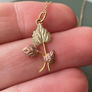 May include: A gold necklace with a pendant featuring three leaves in a cluster. The leaves are made of gold and have a textured surface. The necklace is on a chain.