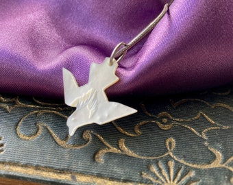 Vintage Flying Bird Mother of Pearl Charm Pendant Sterling Silver Chain Necklace - Read Description Below