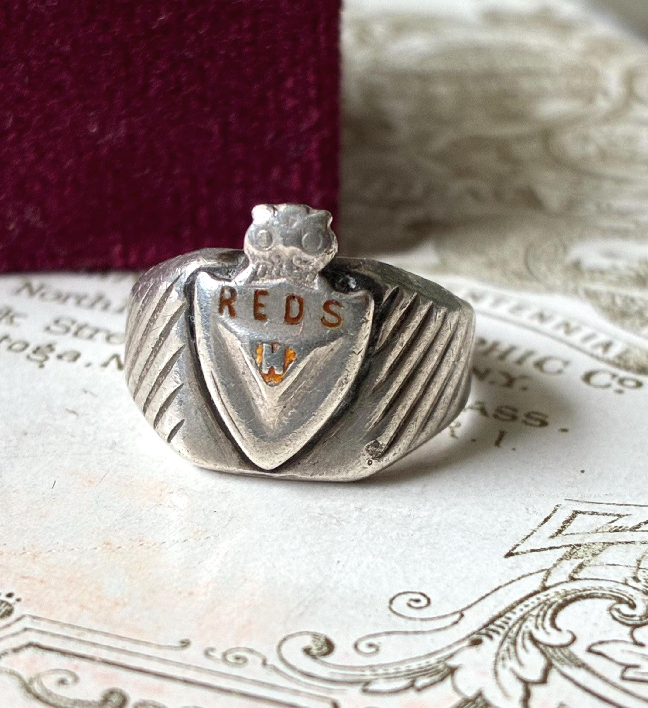Antique Vintage Sterling Silver Owl Reds Signet Ring - Read Details in Description