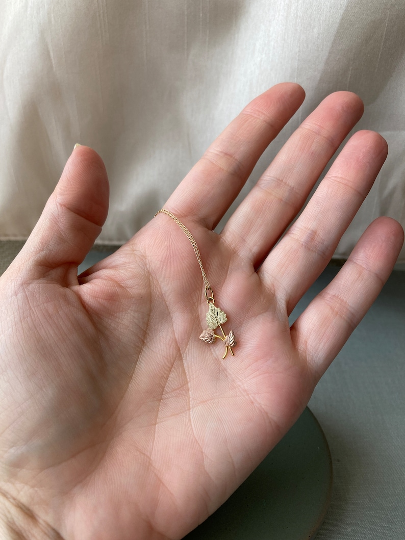 May include: A gold necklace with a pendant featuring three leaves in shades of green and pink.