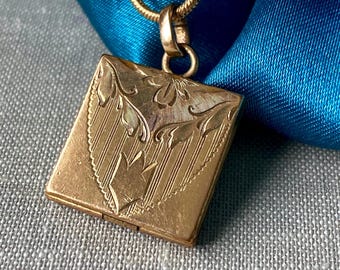 Antique Gold Filled Engraved Square Pendant Locket Charm Necklace - Read Description for Item Details