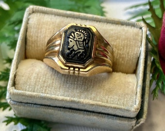 Vintage Art Deco Retro Black Onyx Intaglio Cameo Signet 10K Gold Filled Ring - Read Description