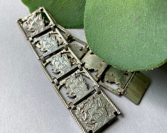 Antique Ship Boat Link Sterling Silver Panel Bracelet - Item Details in Description