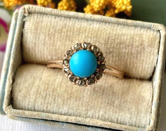 Antique Victorian Turquoise Diamond Halo Gold Engraved Ring - Read Description for Details