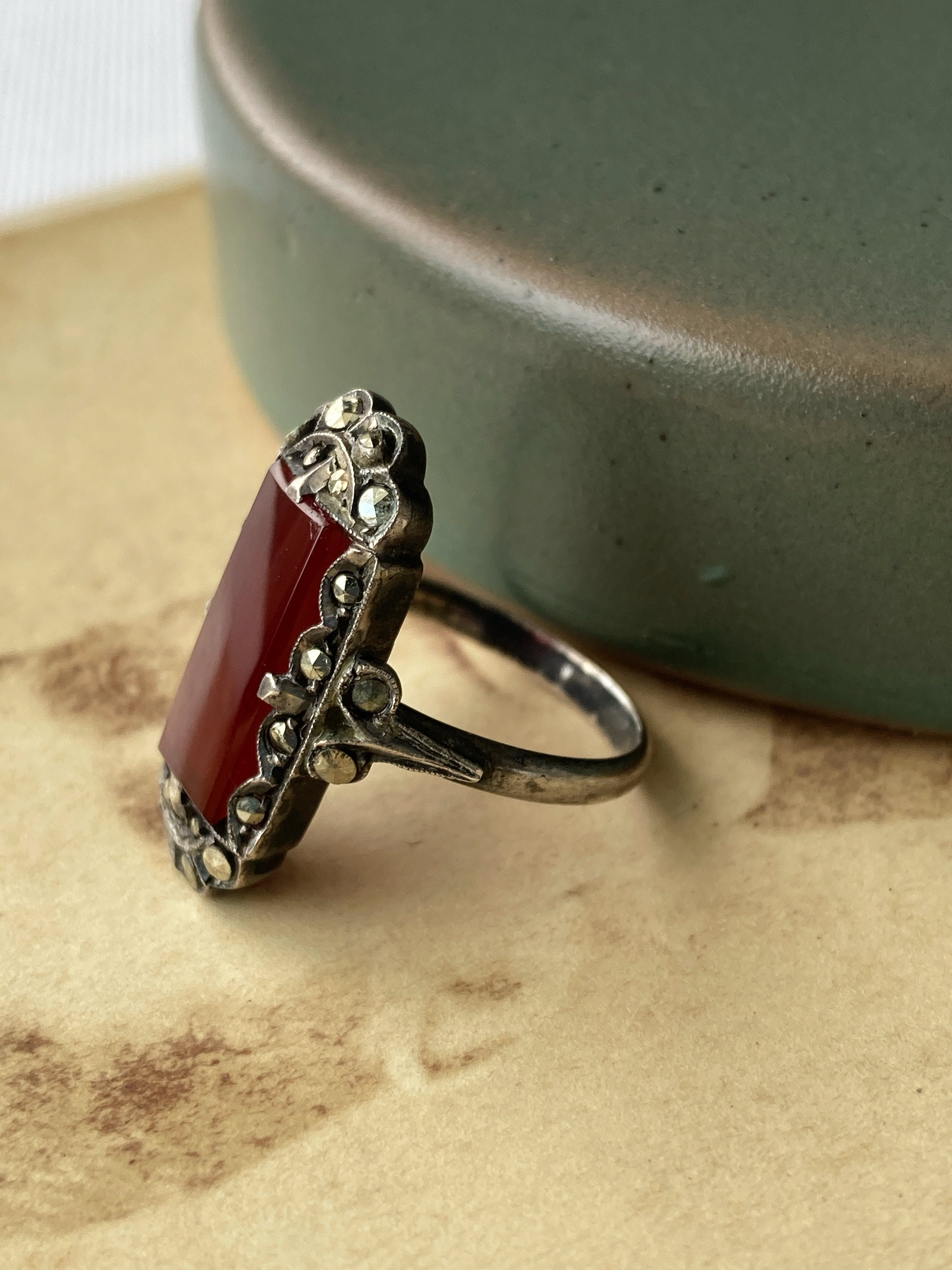 Antique Art Deco Carnelian Marcasite Sterling Silver