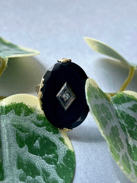 Antique Vintage Onyx Diamond Flower Shoulder 10K G