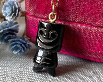 Vintage Black Carved Stone Tiki Pendant Charm Necklace - Gold Filled Chain