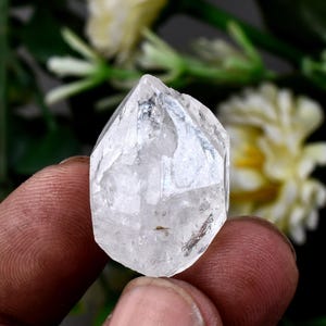 Könnte beinhalten: Ein klarer Quarz-Kristall mit einer Spitze. Der Kristall wird zwischen den Fingern gehalten, was seine durchscheinende Qualität zeigt. Der Hintergrund zeigt verschwommenes Grün und weiße Blumen, die die natürliche Form des Kristalls hervorheben.