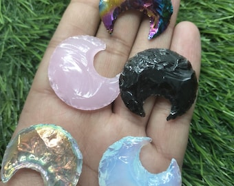 Crescent Moon Gemstone Carvings, Opalite, Obsidian, Rose Quartz, Aura Quartz, 5pcs