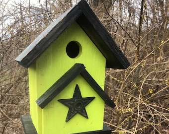 Birdhouse Primitive Fully Functional Lemon Yellow Metal Star