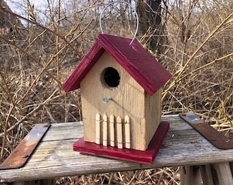 Birdhouse Primitive Beige Maroon Chickadee Wren Cute Songbirds Rusty Heart Wooden Hanging Handcrafted Birdhouse