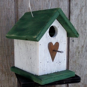 Birdhouse  Primitive White Green Chickadee Wren Cute Songbirds Rusty Heart Wooden Hanging Handcrafted Birdhouse