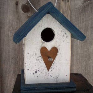 Hanging Wooden White and Blue Birdhouse Wren Chickadee Small Songbirds Rusty Heart Handmade Birdhouse image 3
