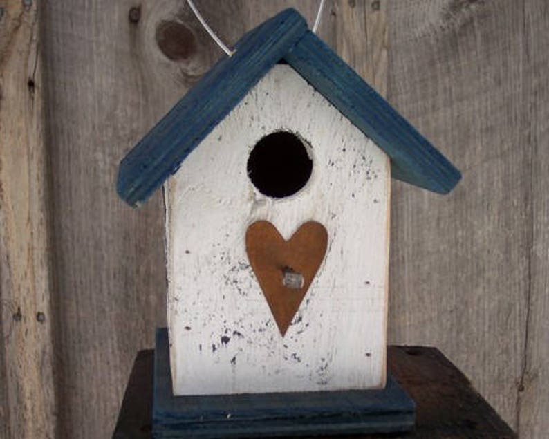 Hanging Wooden White and Blue Birdhouse Wren Chickadee Small Songbirds Rusty Heart Handmade Birdhouse image 3