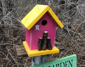 Birdhouse Primitive Pink Yellow Branches