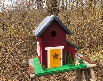 Handmade Primitive Country Birdhouse Red Yellow Door Rusty Star Red Chimney