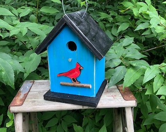 Blue Primitive Birdhouse Red Wooden Cardinal Fully Functional Tree Branch