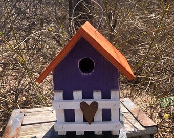 Purple Rustic Primitive Birdhouse White Fence Country Birdhouse Outdoor Bird House