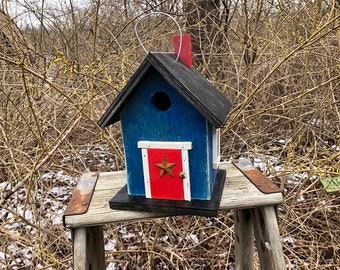 Blue Birdhouse Red Door Red Chimney Rusty Metal Star Black Roof and Base Bottom Removes for Cleaning