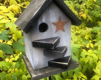 Rustic Primitive Birdhouse Triangle Steps Country Birdhouse Outdoor Bird House