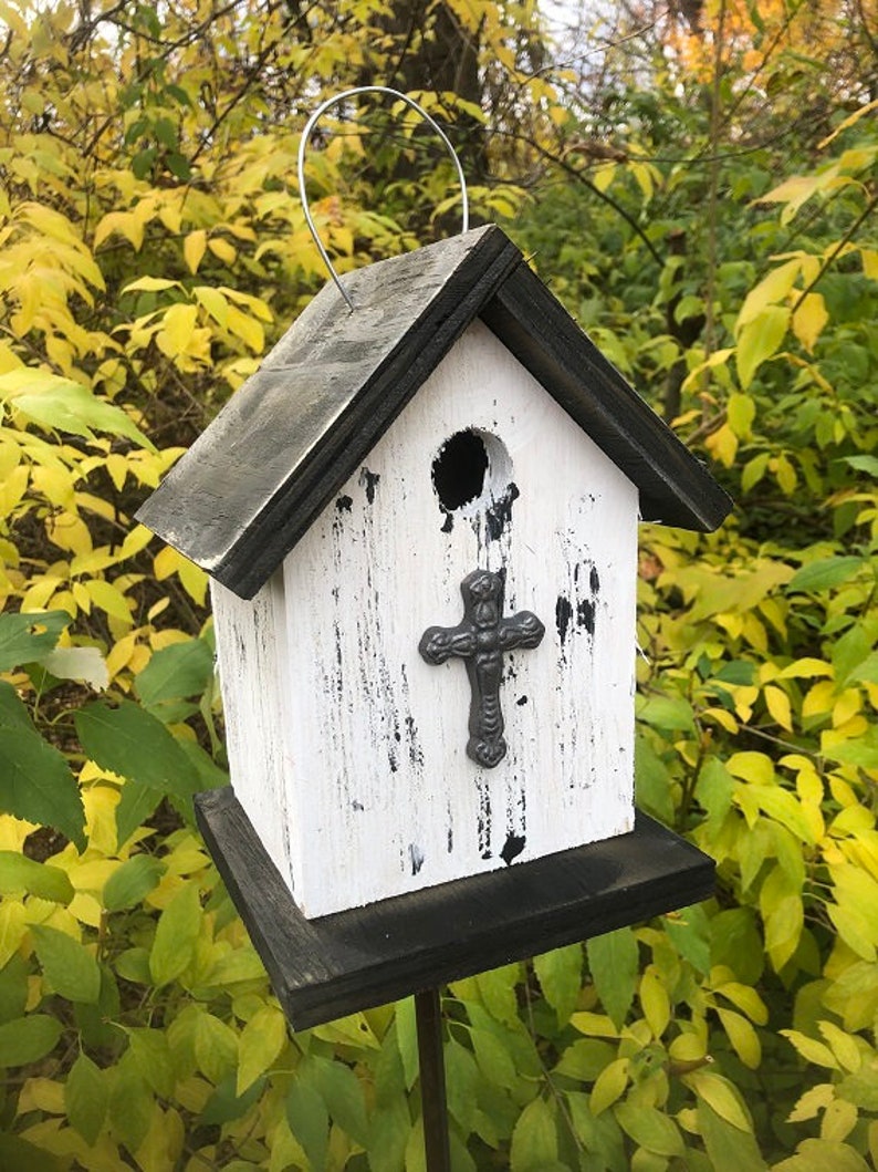Rustic Primitive Birdhouse Metal Cross Outdoor Bird House image 2