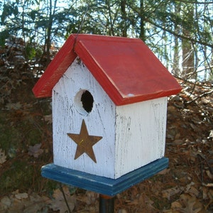 Birdhouse Patriotic Rustic Primitive Hand Crafted Country Americana Red White And Blue image 1