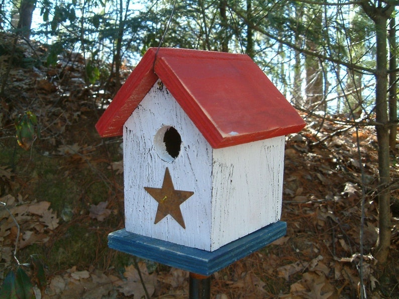 Birdhouse Patriotic Rustic Primitive Hand Crafted Country Americana Red White And Blue image 1