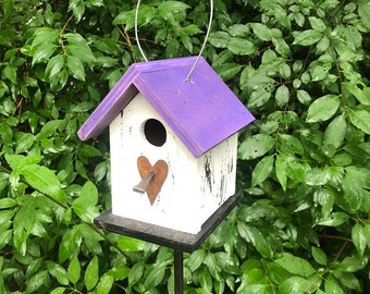 Wooden Rustic Chickadee Wren Songbird White Purple Primitive Birdhouse Rusty Heart Handmade Hanging Birdhouse