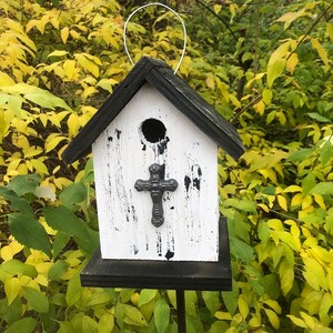 Rustic Primitive Birdhouse Metal Cross Outdoor Bird House image 1