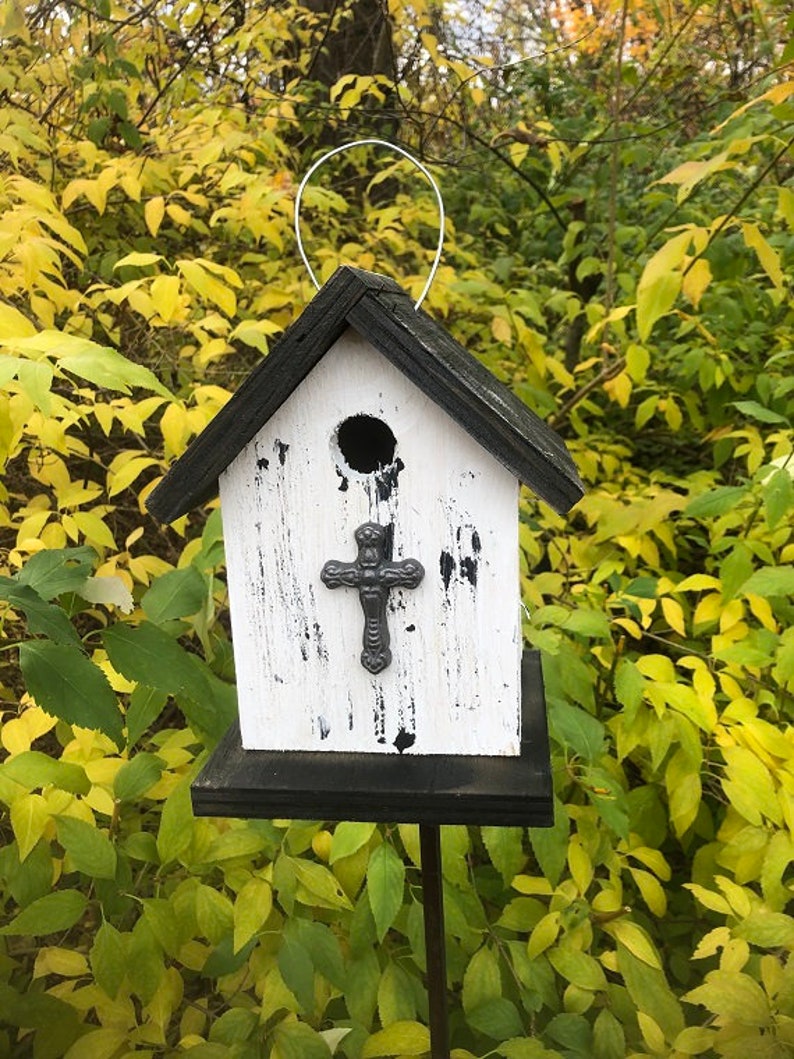 Rustic Primitive Birdhouse Metal Cross Outdoor Bird House image 1