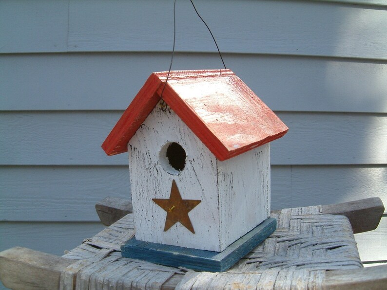 Birdhouse Patriotic Rustic Primitive Hand Crafted Country Americana Red White And Blue image 2