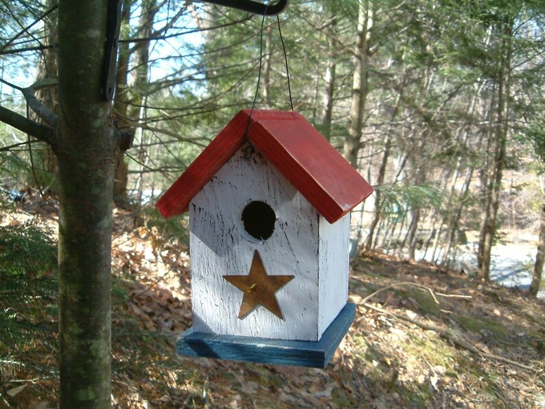 Birdhouse Patriotic Rustic Primitive Hand Crafted Country Americana Red White And Blue image 3