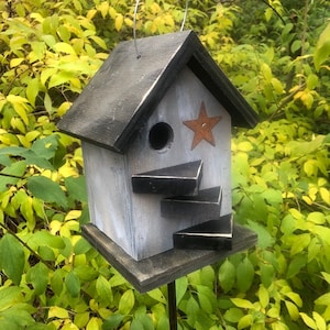 Rustic Primitive Birdhouse Triangle Steps Country Birdhouse Outdoor Bird House Metal Star