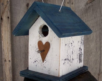 Hanging Wooden White and Blue Birdhouse Wren Chickadee Small Songbirds Rusty Heart Handmade Birdhouse