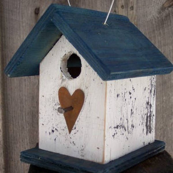 Hanging Wooden White and Blue Birdhouse Wren Chickadee Small Songbirds Rusty Heart Handmade Birdhouse