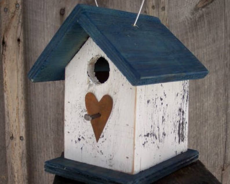 Hanging Wooden White and Blue Birdhouse Wren Chickadee Small Songbirds Rusty Heart Handmade Birdhouse image 1