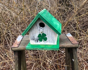 Rustic Primitive Birdhouse Green Tin Shamrock Birdhouse Outdoor Bird House