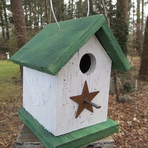 Birdhouse White and Green Rustic Primitive Chickadee Wren Cute Songbirds Rusty Star