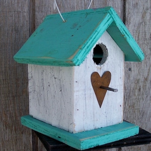 Country Rustic Wooden Songbird Birdhouse White Turquoise Chickadee Wren Cute Primitive Rusty Heart Handmade Hanging Birdhouse