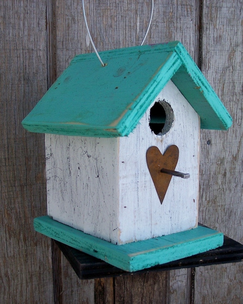 Country Rustic Wooden Songbird Birdhouse White Turquoise Chickadee Wren Cute Primitive Rusty Heart Handmade Hanging Birdhouse image 1