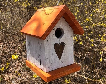 Country Rustic Wooden Songbird Birdhouse White Orange Chickadee Wren Cute Primitive Rusty Heart Handmade Hanging Birdhouse