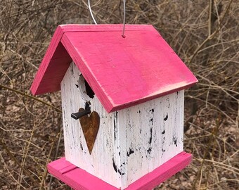 Country Rustic Wooden Songbird Birdhouse White Peony Pink Chickadee Wren Cute Primitive Rusty Heart Handmade Hanging Birdhouse