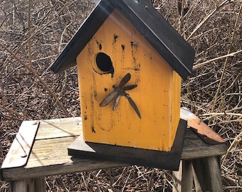 Rustic Primitive Birdhouse Marigold Yellow Rusty Dragonfly Birdhouse Outdoor Bird House
