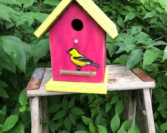 Pink Primitive Birdhouse Yellow Wooden Finch Fully Functional Tree Branch