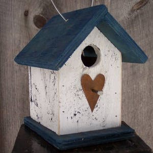 Hanging Wooden White and Blue Birdhouse Wren Chickadee Small Songbirds Rusty Heart Handmade Birdhouse image 2